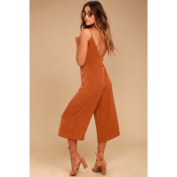 Lulus Jumpsuit Small Rust Orange Elisa Midi Wide Leg Cropped Sleeveless Satin - Picture 4 of 12